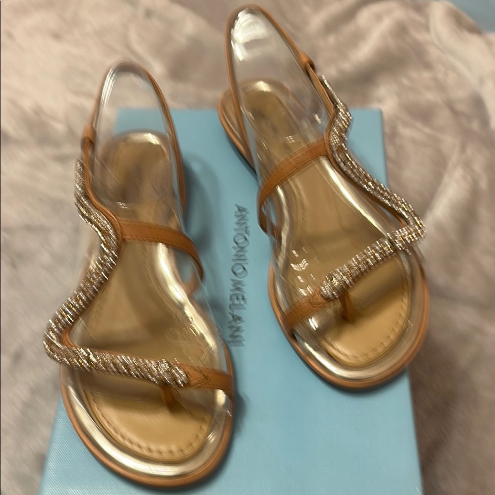 Antonio Melani Tan Sandals with Rhinestone Accents